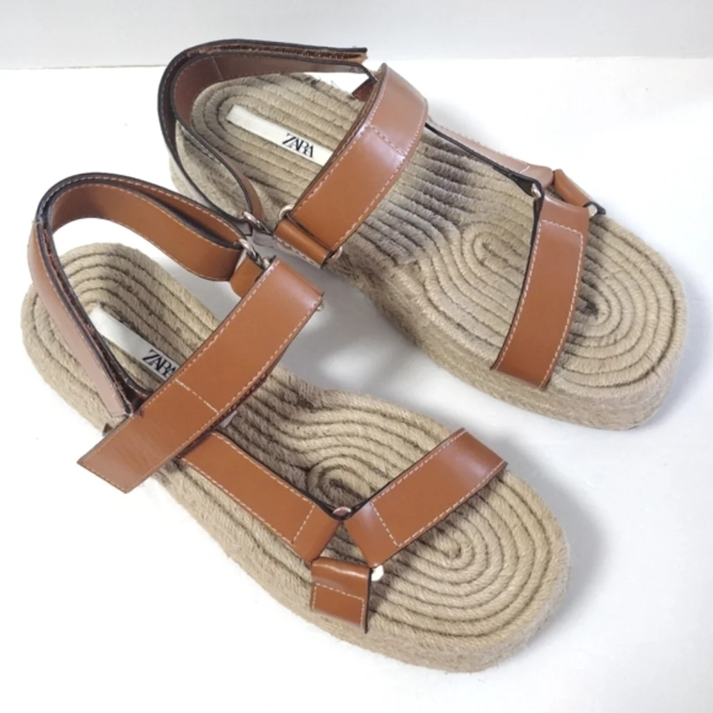 ZARA Women's Tan Jute Faux Leather Slingback Strappy Platform Sandals Brown 39 - Picture 11 of 13